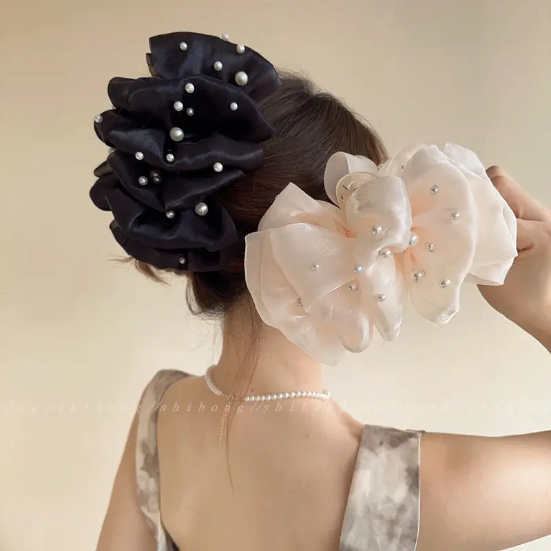 2025 Bubble Mesh Pearl Clip Feminine Multi-Layered Bow Extra Large Shark Clip on Head - Image 13