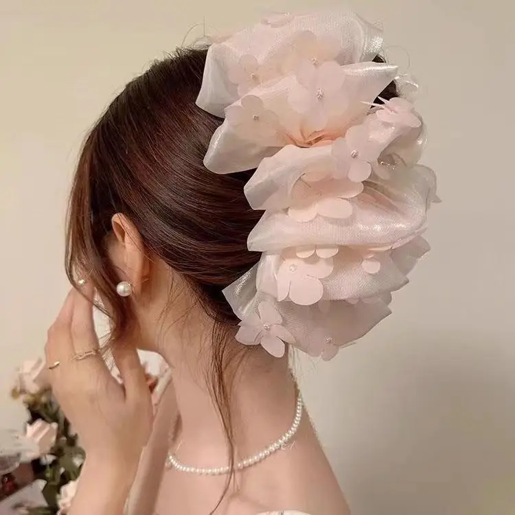2025 Bubble Mesh Pearl Clip Feminine Multi-Layered Bow Extra Large Shark Clip on Head - Image 6