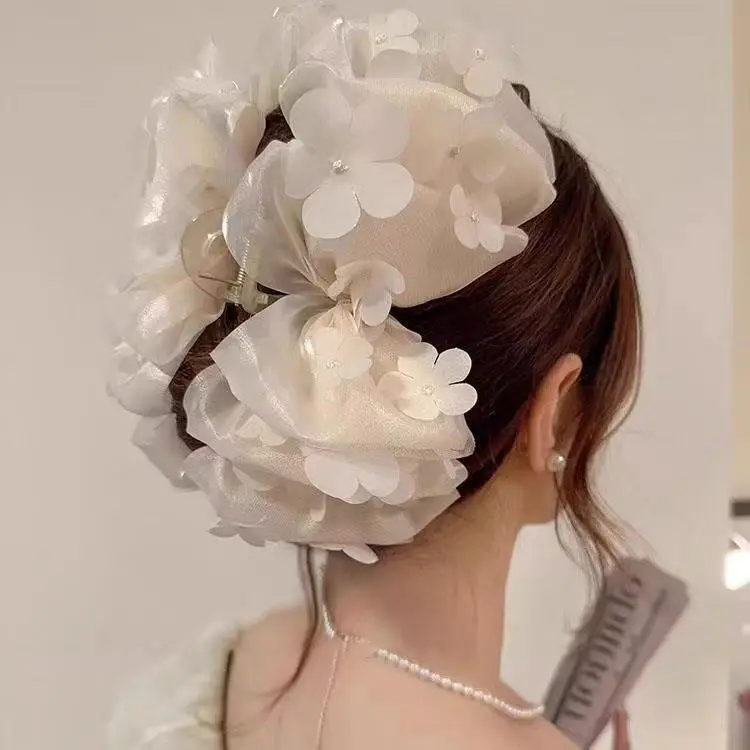 2025 Bubble Mesh Pearl Clip Feminine Multi-Layered Bow Extra Large Shark Clip on Head - Image 8