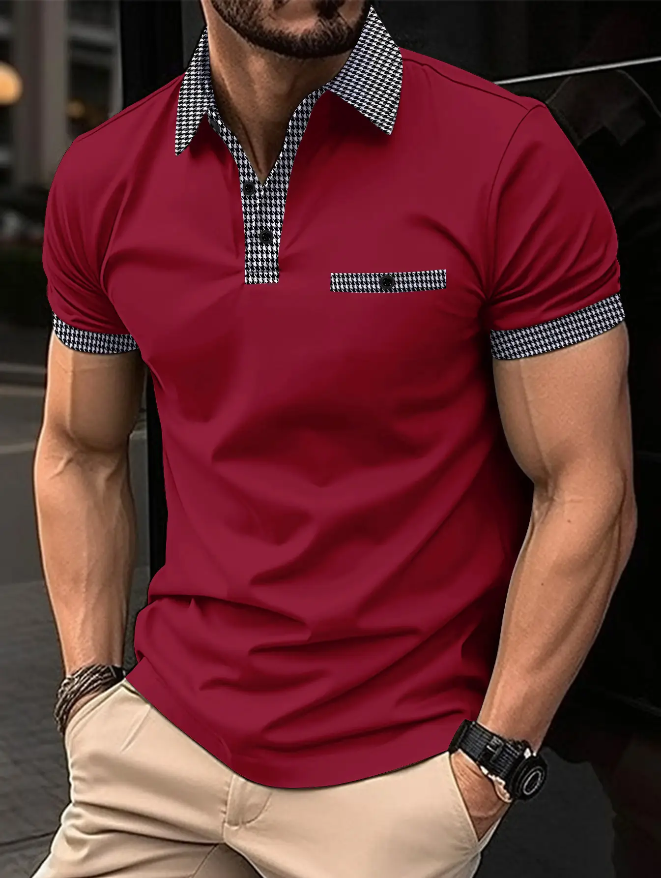 Men's Beige Polo Shirt Button Down Short Sleeve - Image 5