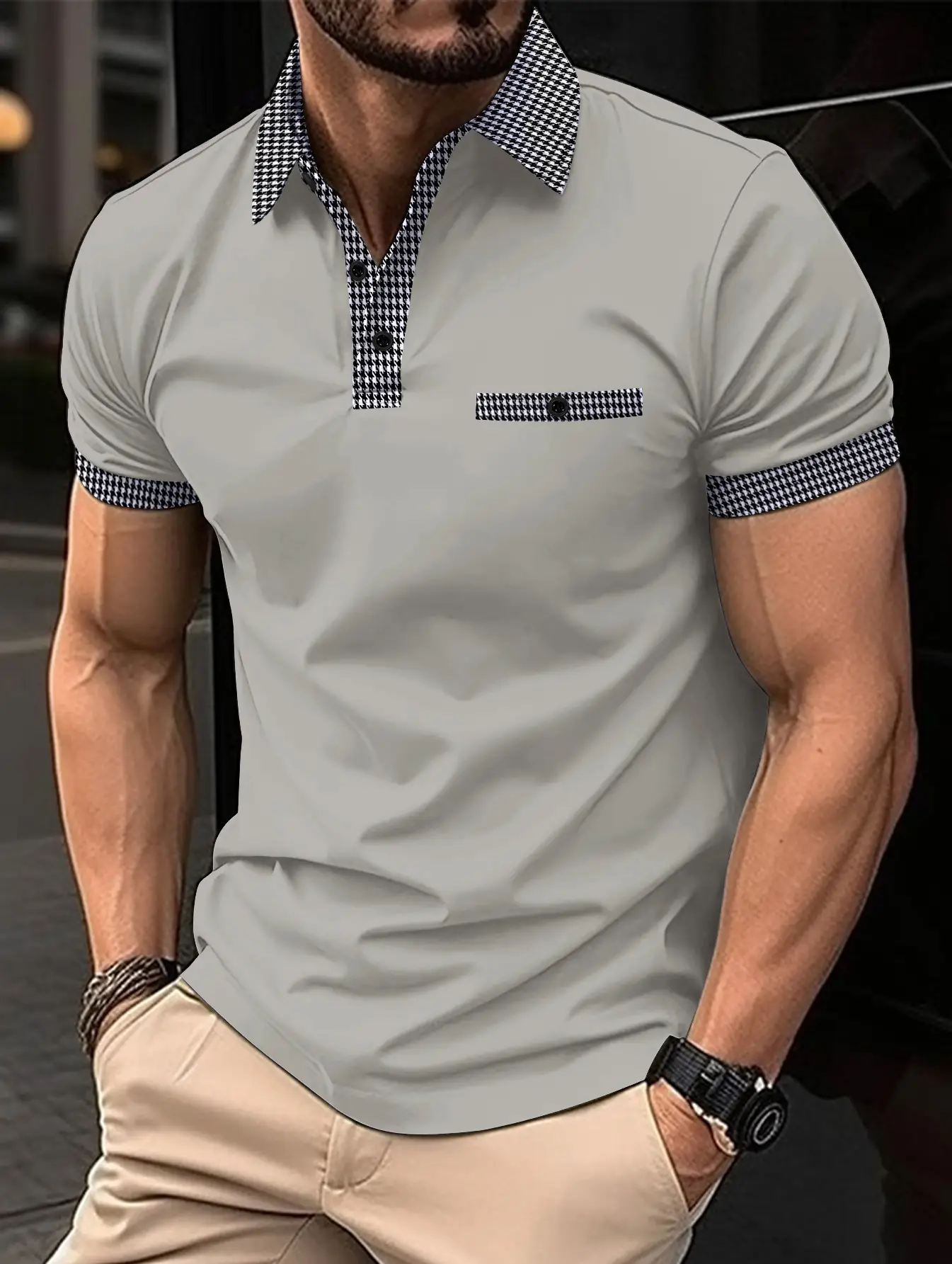 Men's Beige Polo Shirt Button Down Short Sleeve - Image 7