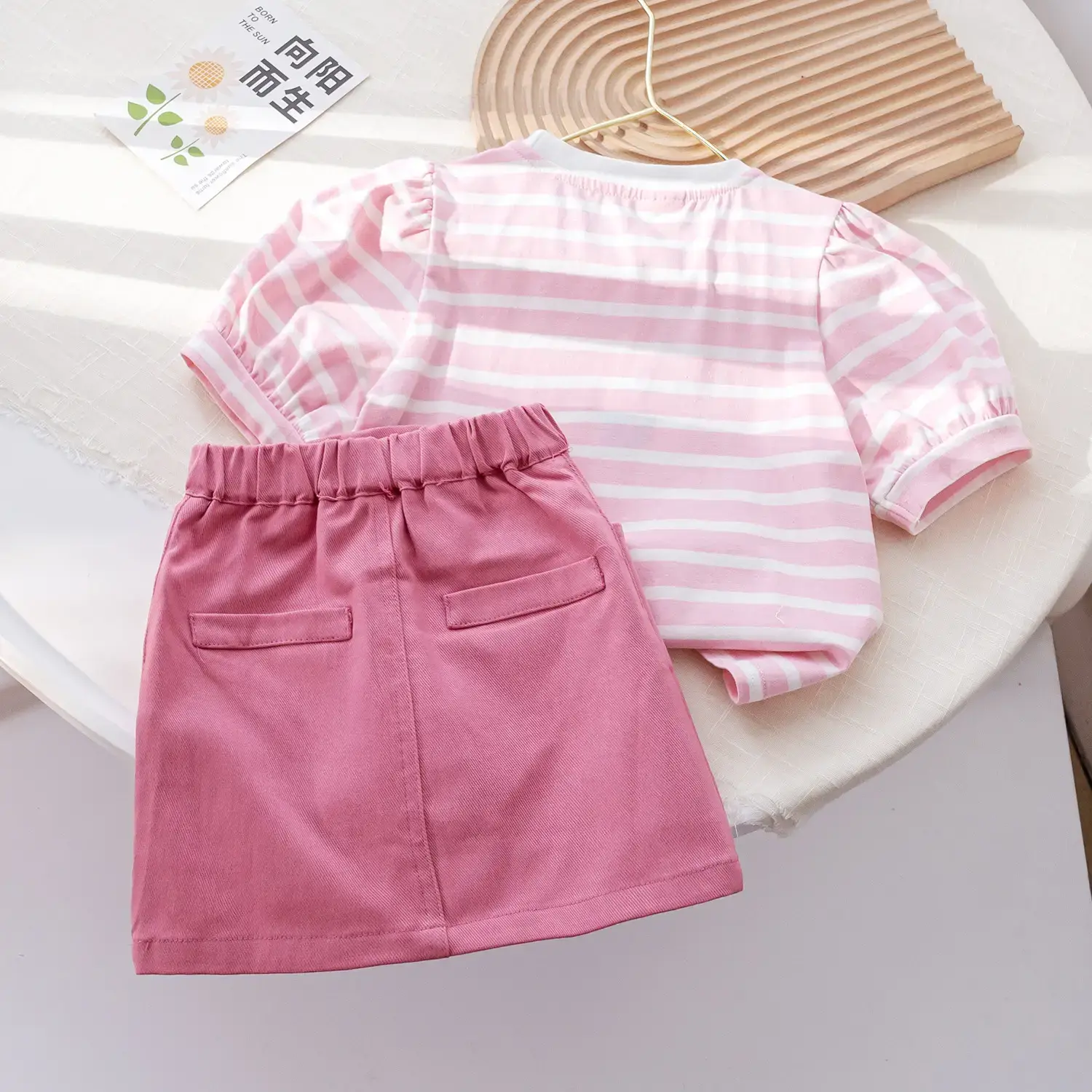 Girls Pink Striped Heart Short Sleeve Top Suit 2025 - Image 4