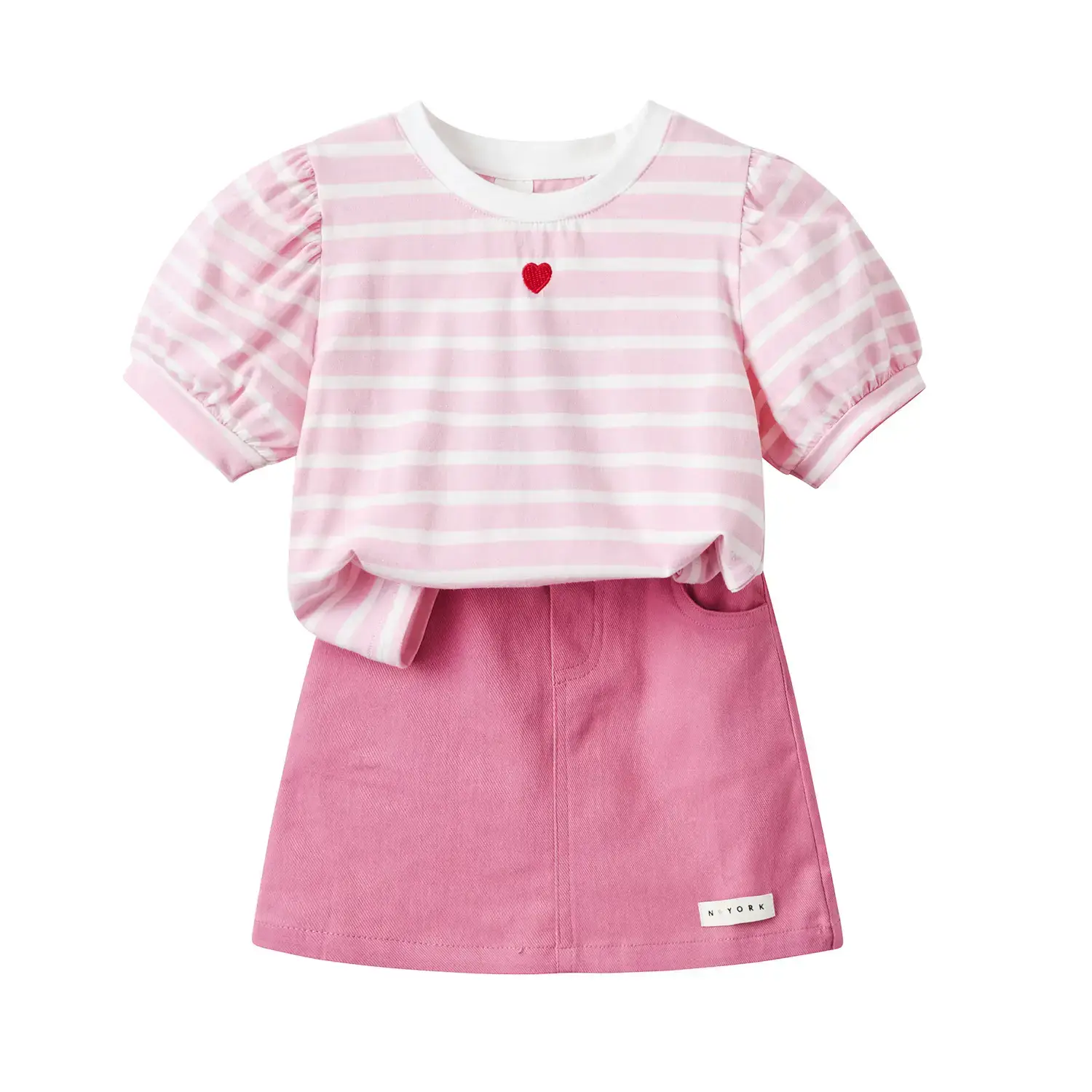Girls Pink Striped Heart Short Sleeve Top Suit 2025 - Image 5