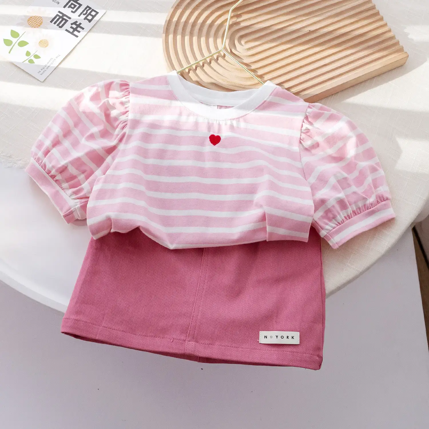 Girls Pink Striped Heart Short Sleeve Top Suit 2025 — feature 7