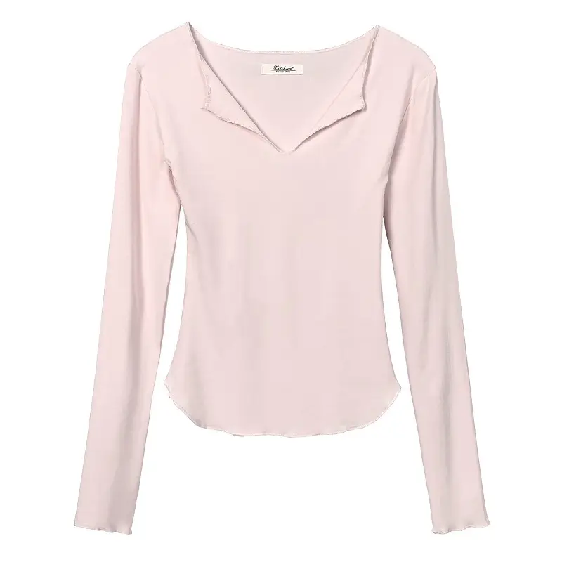 Women Pink V-Neck T-Shirt Long Sleeve