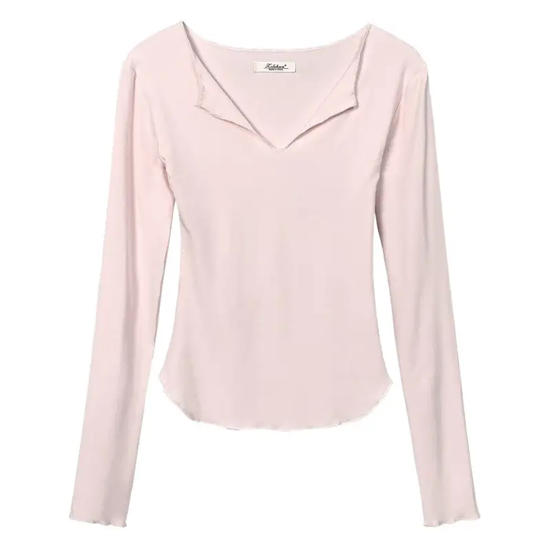 Women Pink V-Neck T-Shirt Long Sleeve