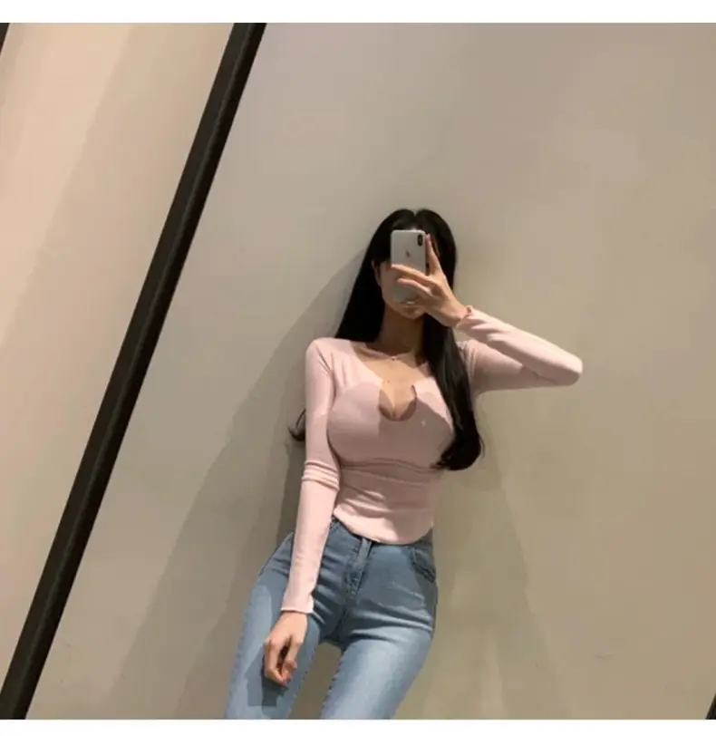 Women Pink V-Neck T-Shirt Long Sleeve — feature 12