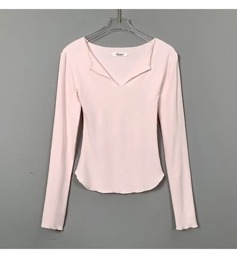 Women Pink V-Neck T-Shirt Long Sleeve — feature 34