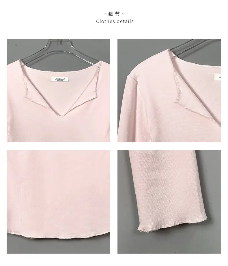 Women Pink V-Neck T-Shirt Long Sleeve — feature 4
