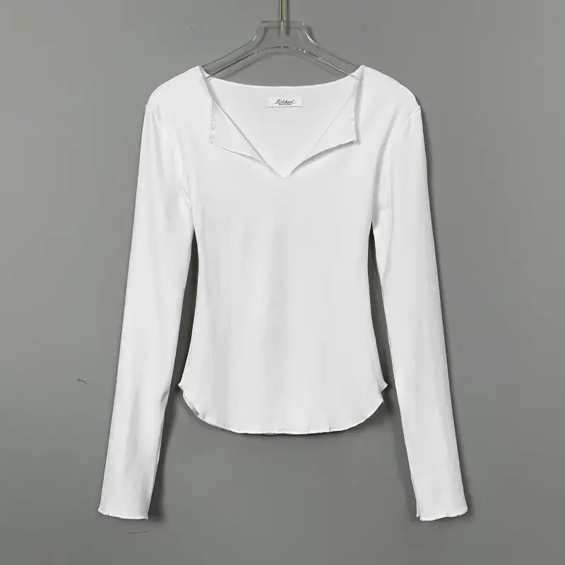 Women Pink V-Neck T-Shirt Long Sleeve