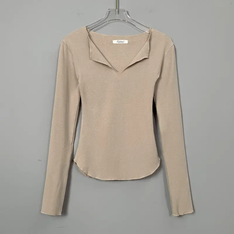 Women Pink V-Neck T-Shirt Long Sleeve