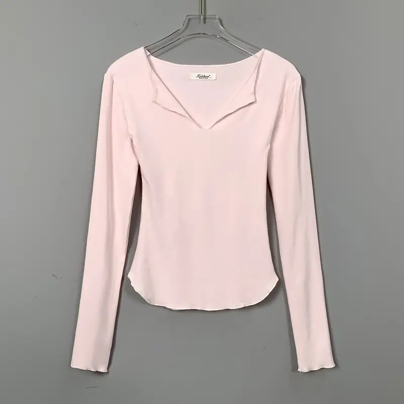 Women Pink V-Neck T-Shirt Long Sleeve