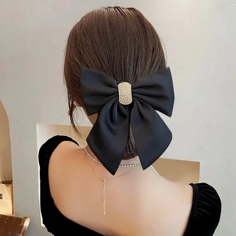 Black Satin Bow Hairpin for Women 16cm Long