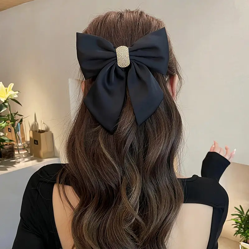 Black Satin Bow Hairpin for Women 16cm Long