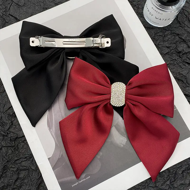 Black Satin Bow Hairpin for Women 16cm Long