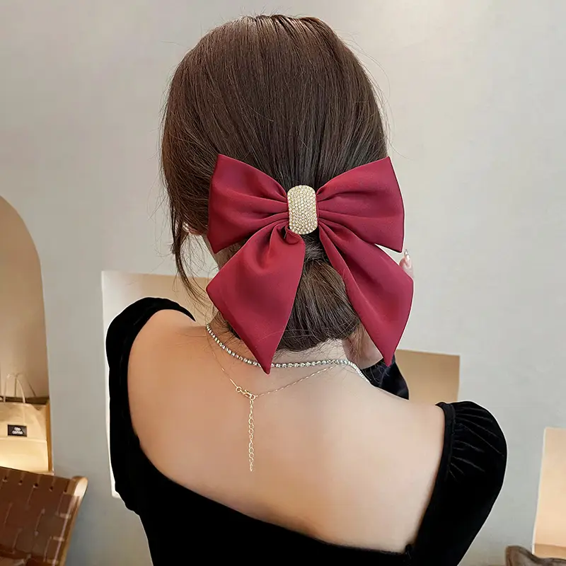 Black Satin Bow Hairpin for Women 16cm Long