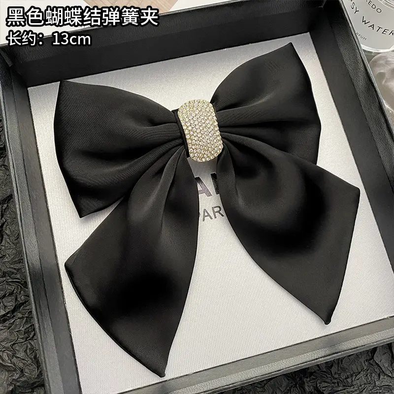 Black Satin Bow Hairpin for Women 16cm Long