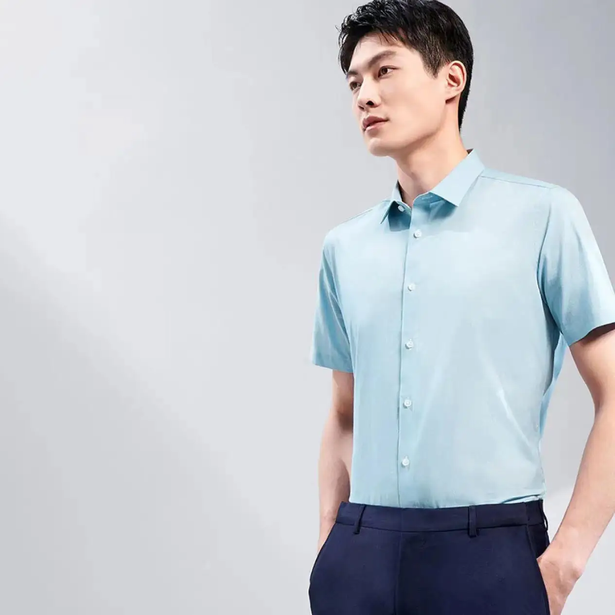 Men's Light Blue Short Sleeve Shirt Pure Cotton Business Gentleman - Image 2