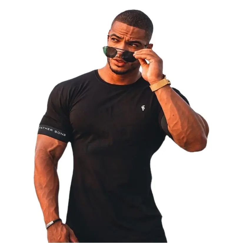 Men's White Muscle Fitness T-Shirt Round Neck Short Sleeve