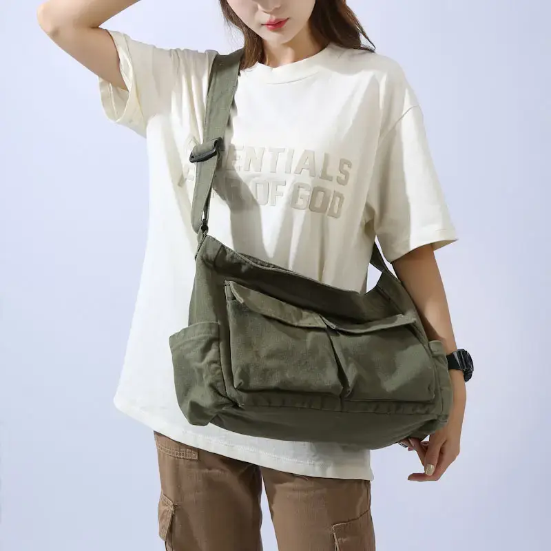 Men's Olive Canvas Shoulder Messenger Bag Large Capacity - Image 3