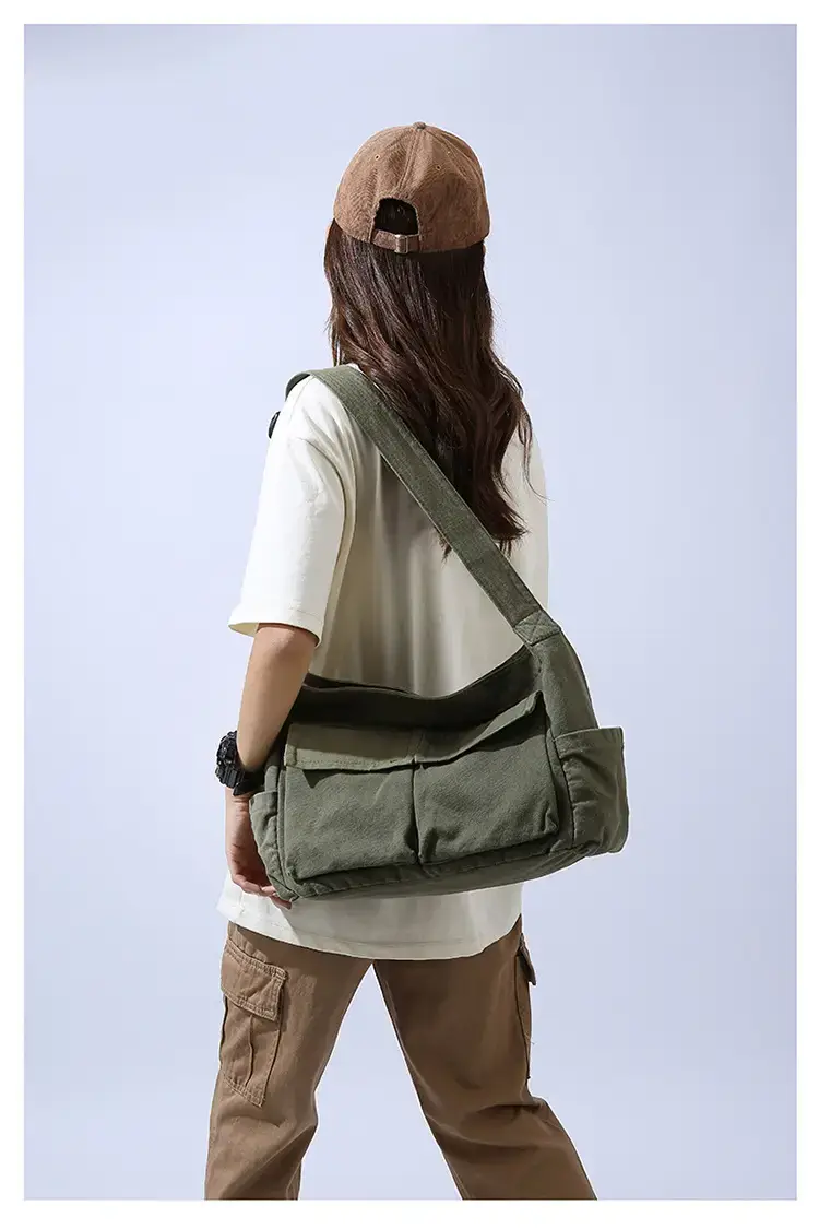 Men's Olive Canvas Shoulder Messenger Bag Large Capacity — feature 10