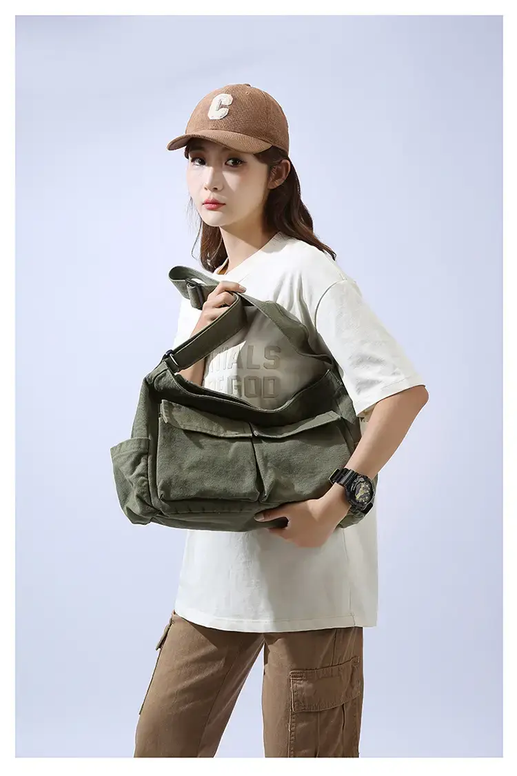 Men's Olive Canvas Shoulder Messenger Bag Large Capacity — feature 11