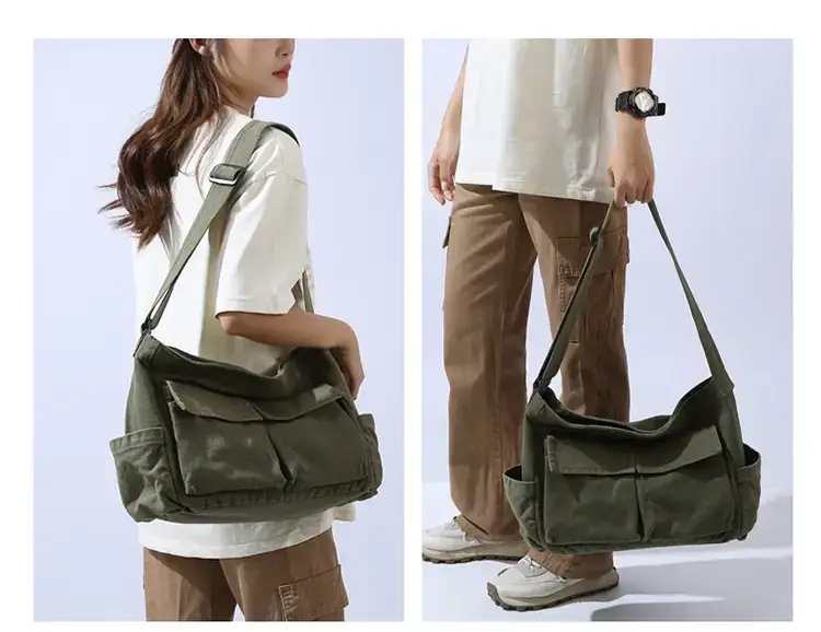 Men's Olive Canvas Shoulder Messenger Bag Large Capacity — feature 12