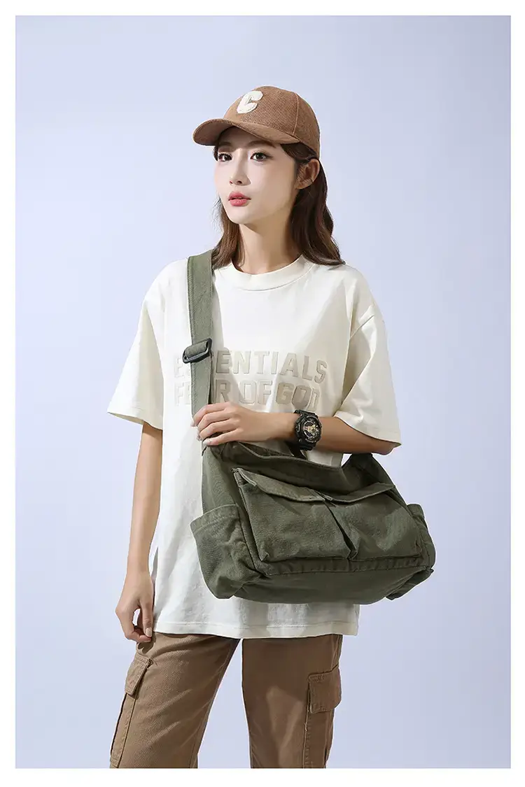 Men's Olive Canvas Shoulder Messenger Bag Large Capacity — feature 13