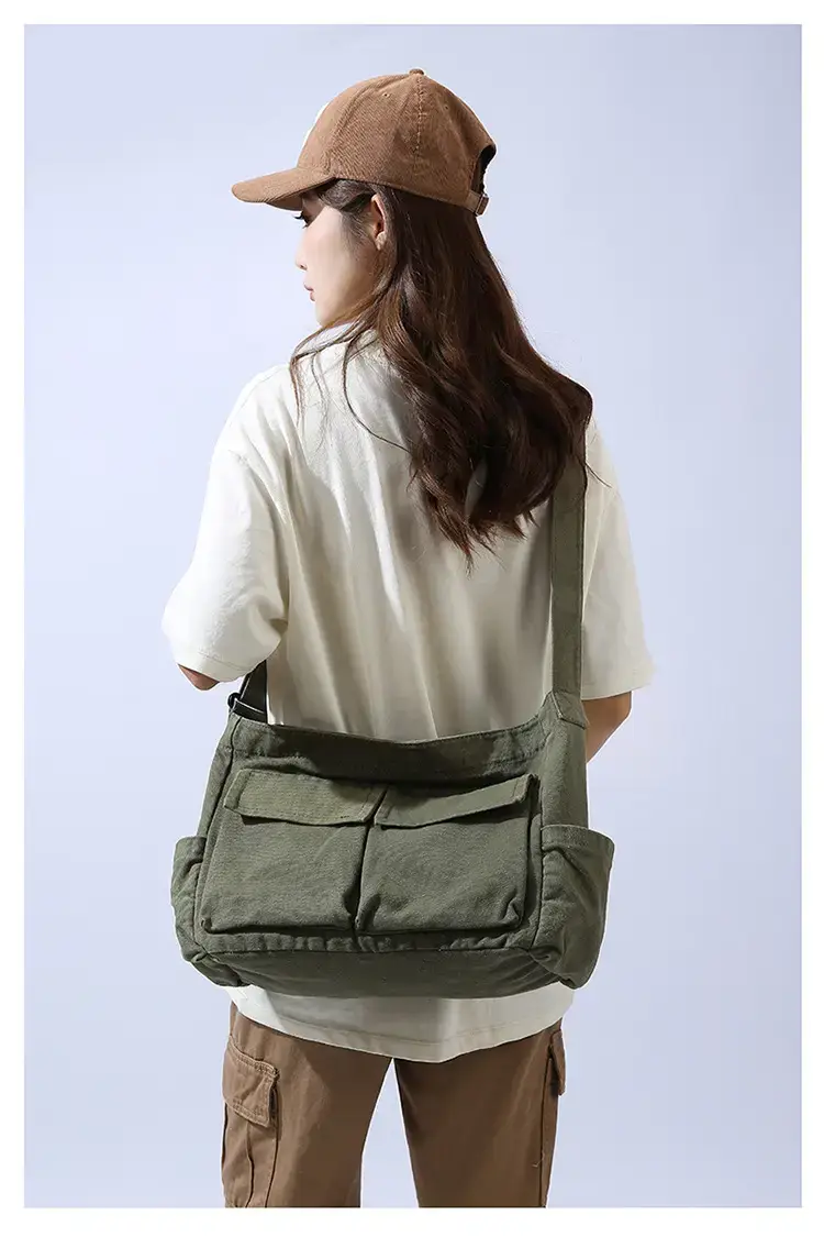 Men's Olive Canvas Shoulder Messenger Bag Large Capacity — feature 14