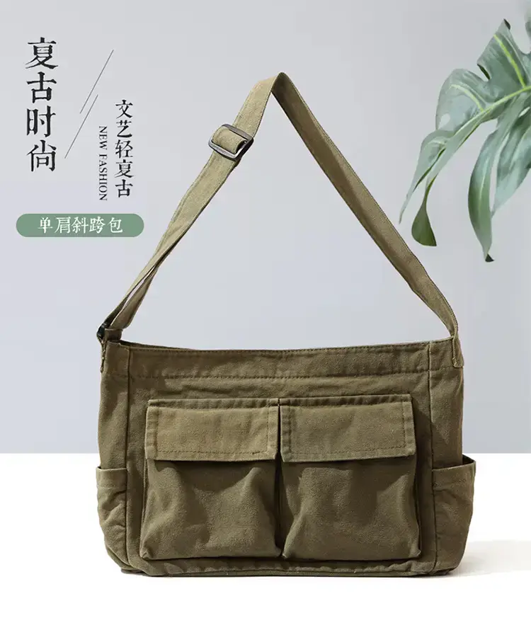 Men's Olive Canvas Shoulder Messenger Bag Large Capacity — feature 2