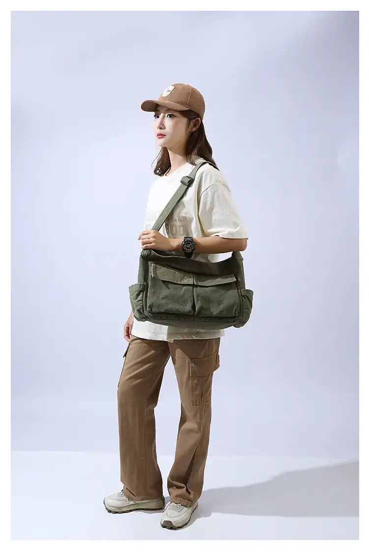 Men's Olive Canvas Shoulder Messenger Bag Large Capacity — feature 8
