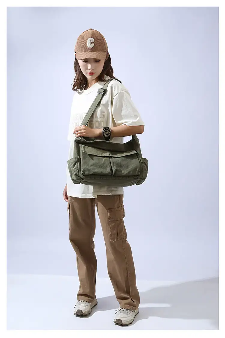 Men's Olive Canvas Shoulder Messenger Bag Large Capacity — feature 9