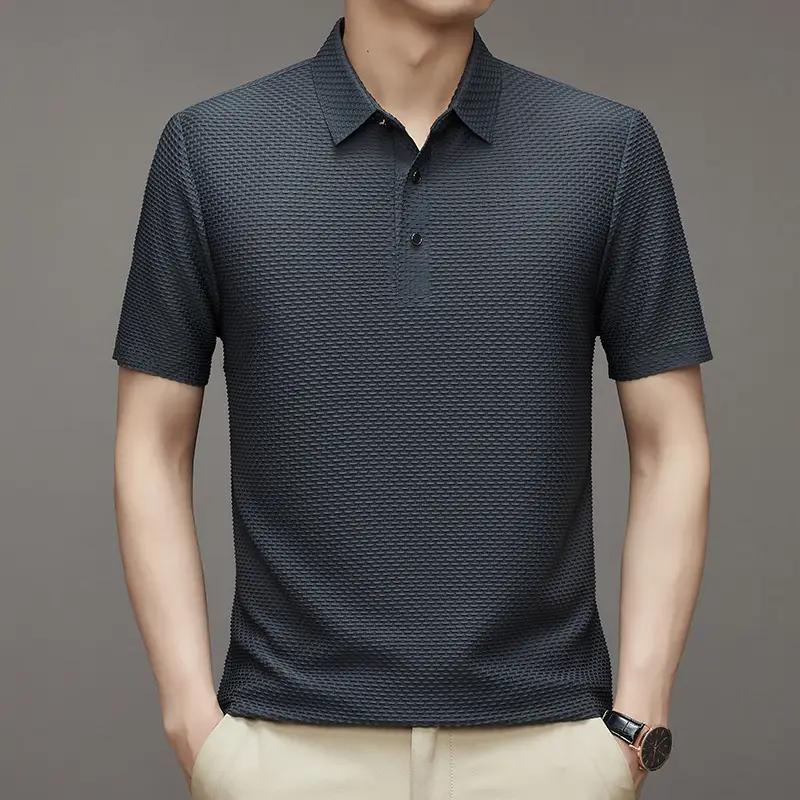 Men's Slim Fit Polo Shirt Ice Silk Dark Blue - Image 3