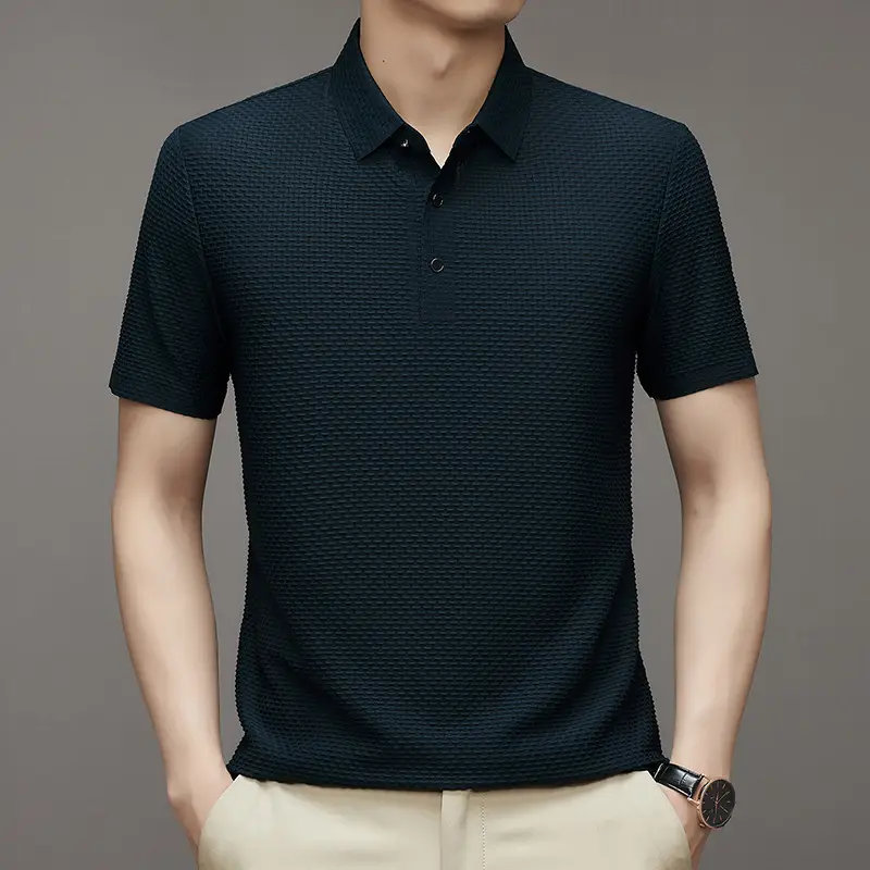 Men's Slim Fit Polo Shirt Ice Silk Dark Blue - Image 5
