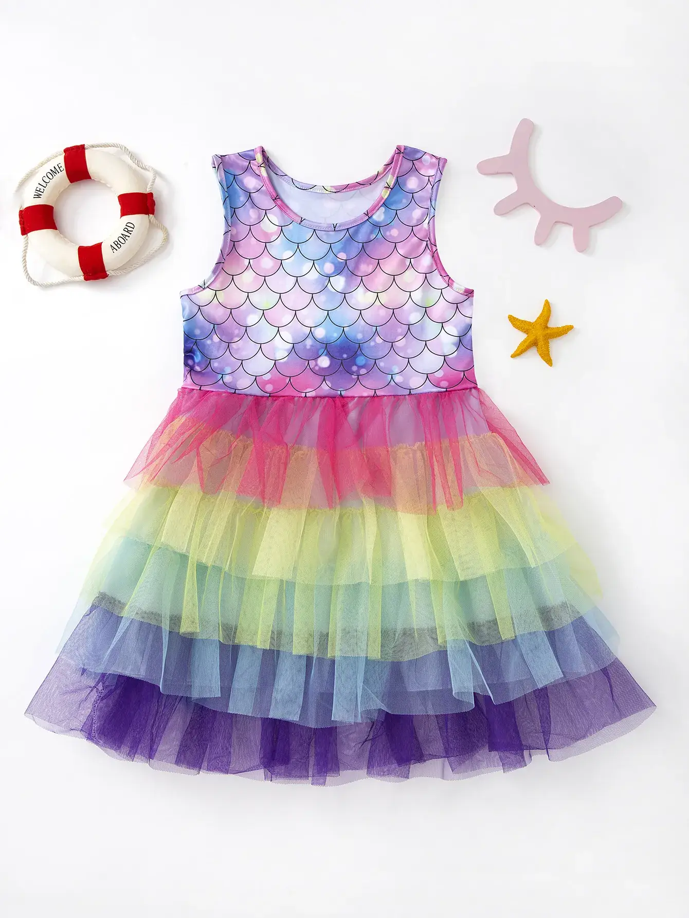 Girls Gradient Mermaid Dress with Tulle Skirt - Image 5