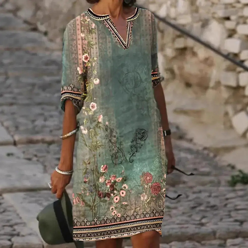 2024 Women's Green Floral V Neck Short Sleeve Kurti - Image 6