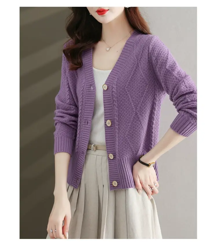 Purple V-Neck Knitted Cardigan for Women — feature 17
