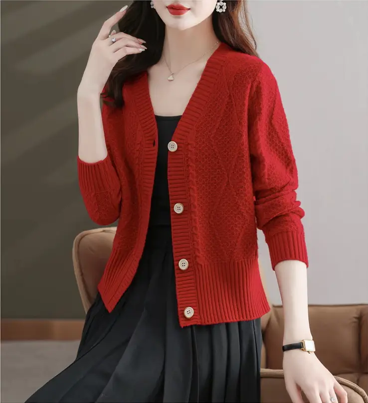 Purple V-Neck Knitted Cardigan for Women - Image 2