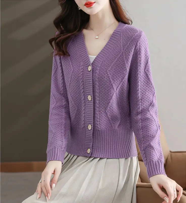 Purple V-Neck Knitted Cardigan for Women - Image 3