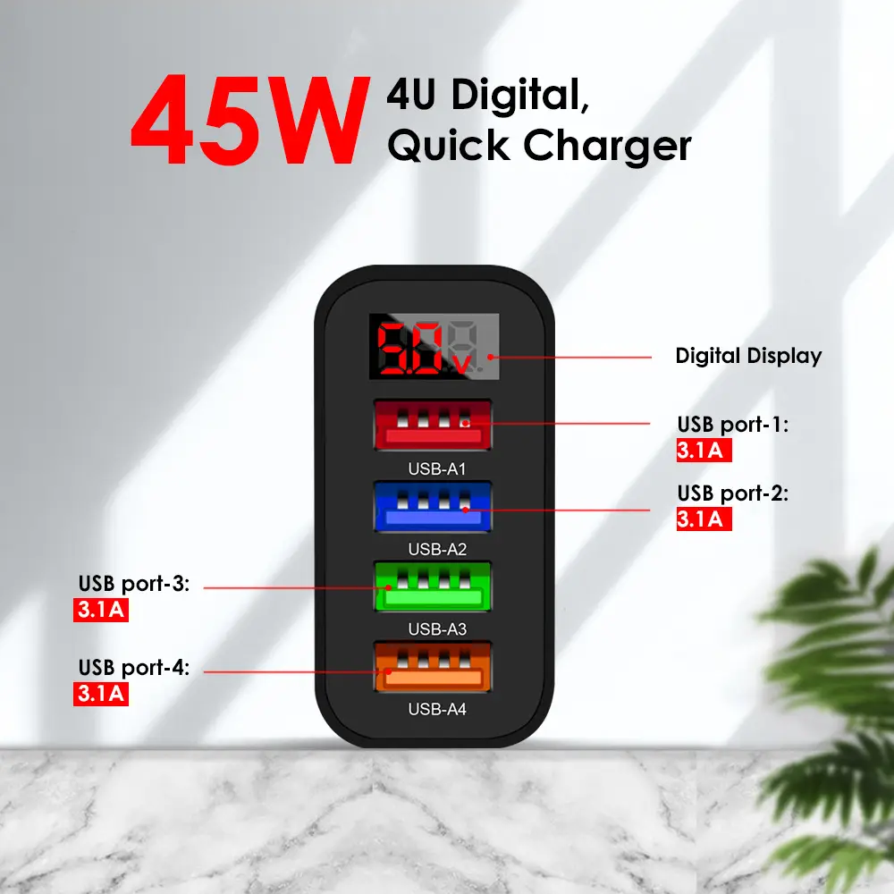 4USB Digital Display Mobile Phone Charger 45W US