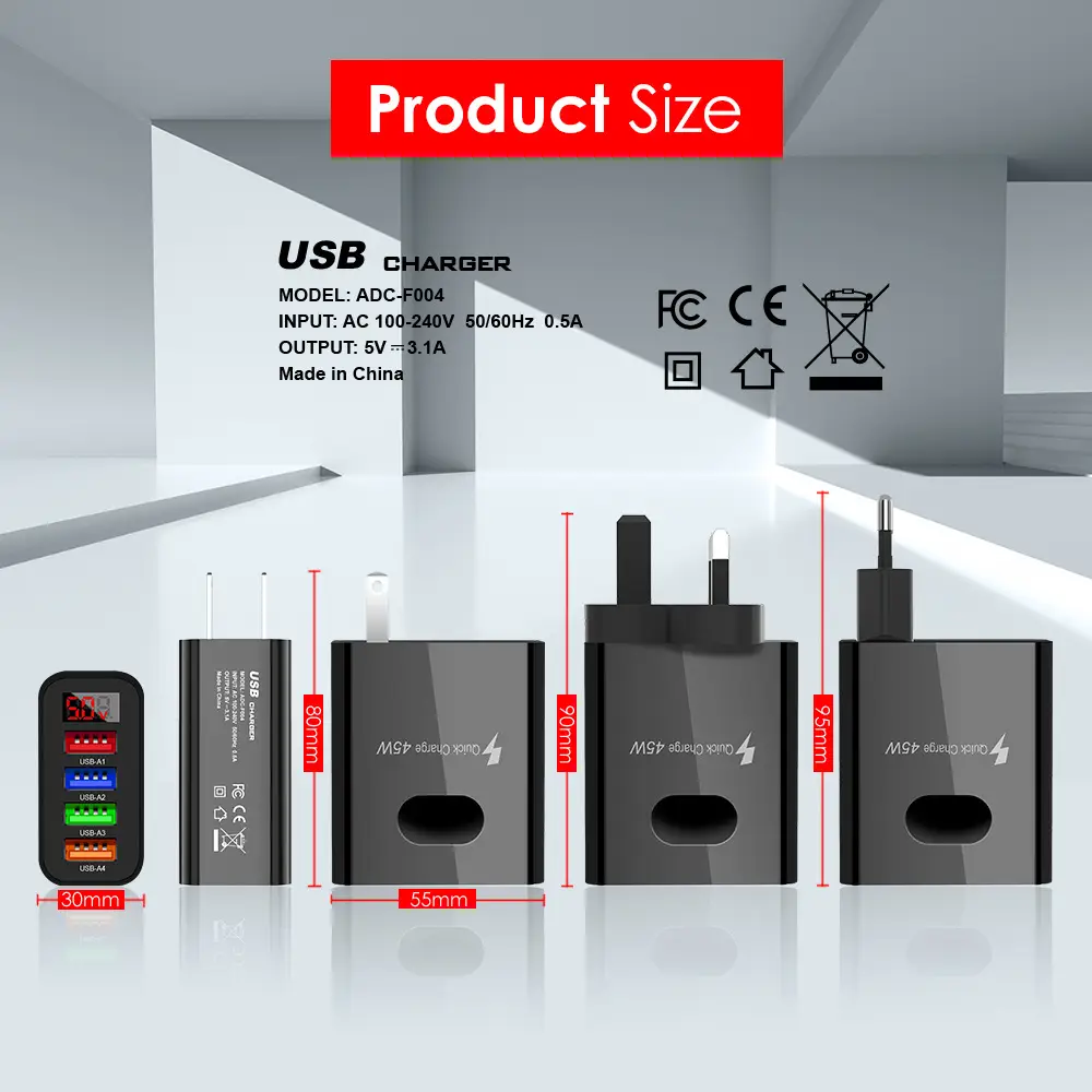 4USB Digital Display Mobile Phone Charger 45W US