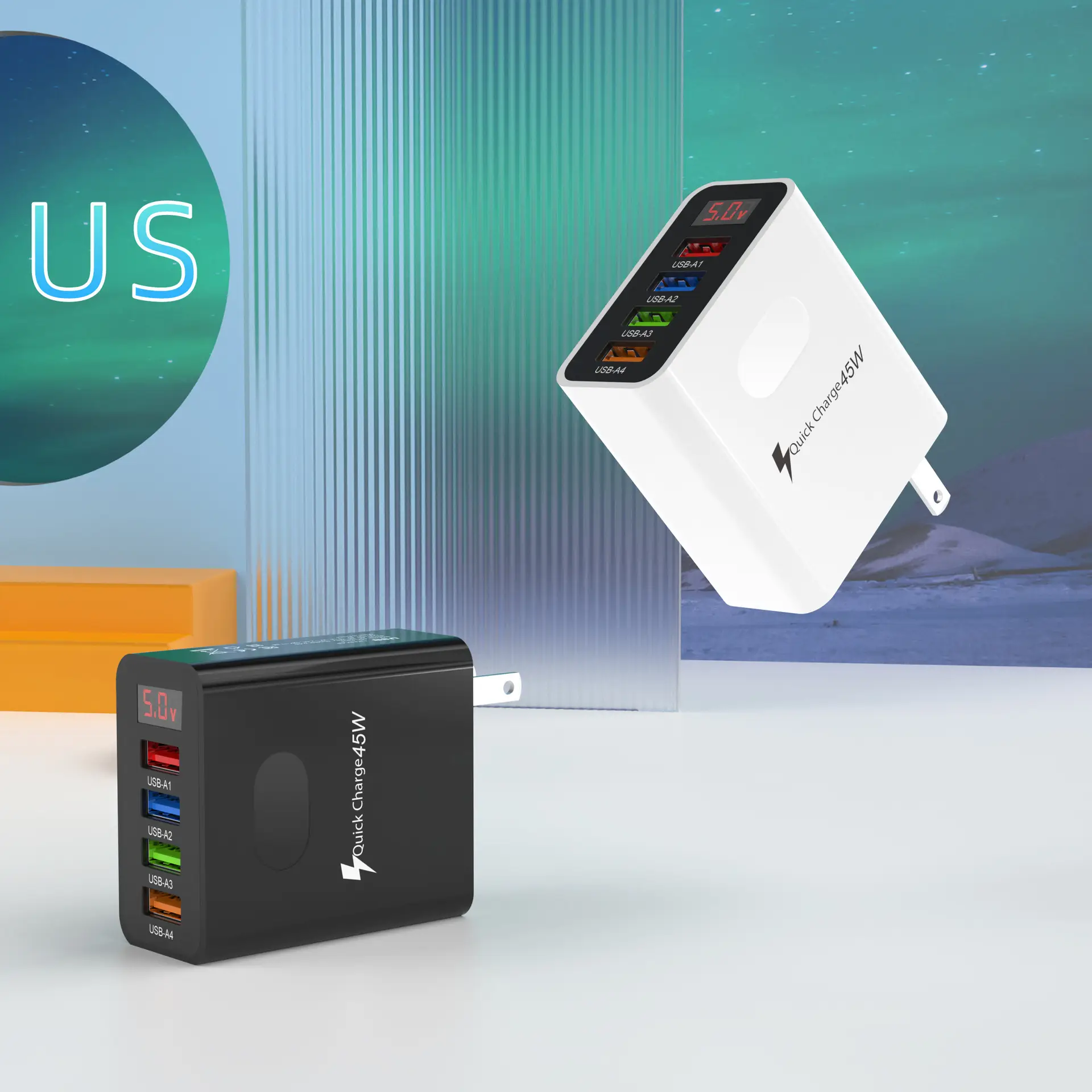 4USB Digital Display Mobile Phone Charger 45W US