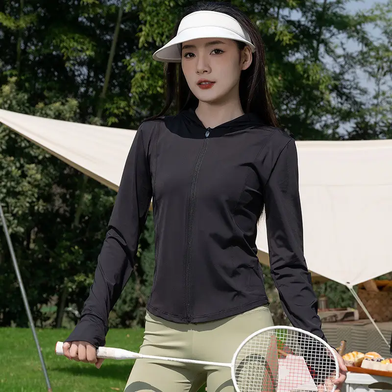 Women's Black Sun Protection Hooded Sports Jacket - Image 11