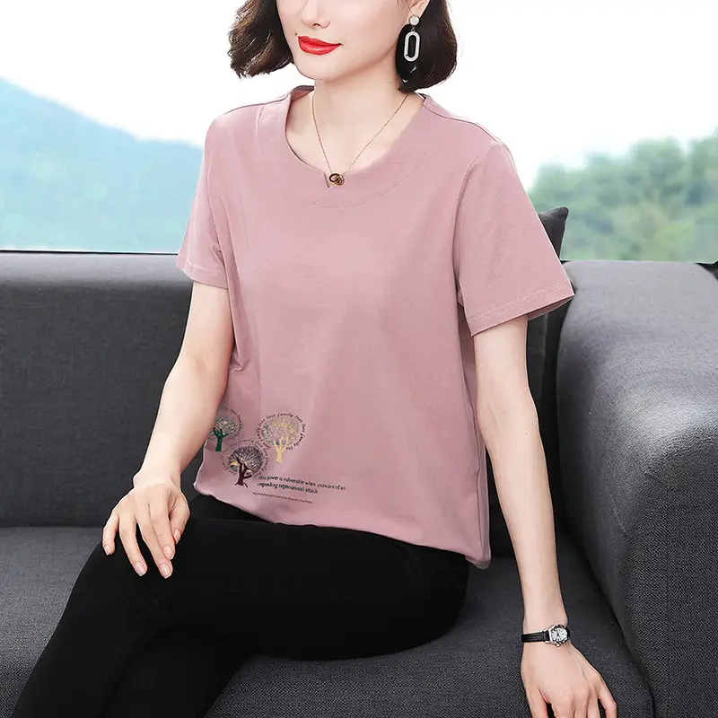 Women Pink Short Sleeve T-shirt 2023 Loose Fit - Image 3
