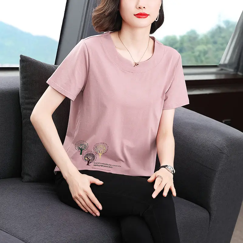Women Pink Short Sleeve T-shirt 2023 Loose Fit - Image 4