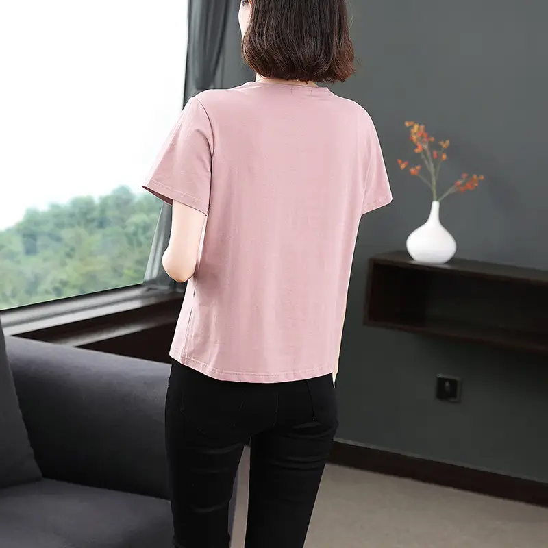 Women Pink Short Sleeve T-shirt 2023 Loose Fit - Image 5