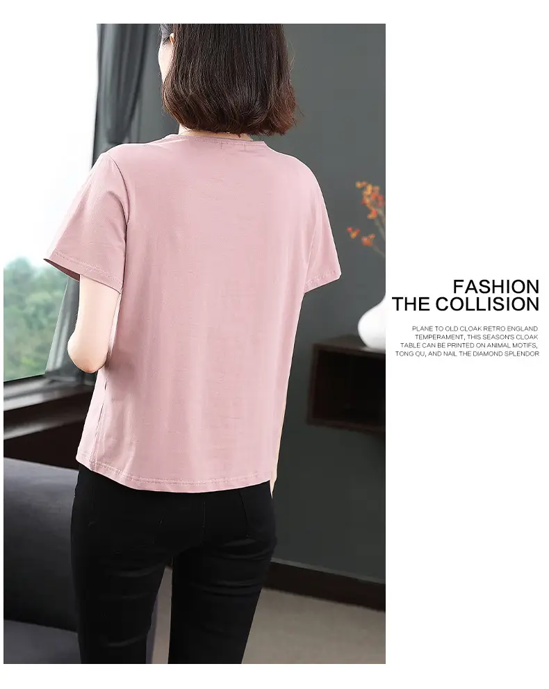 Women Pink Short Sleeve T-shirt 2023 Loose Fit — feature 11