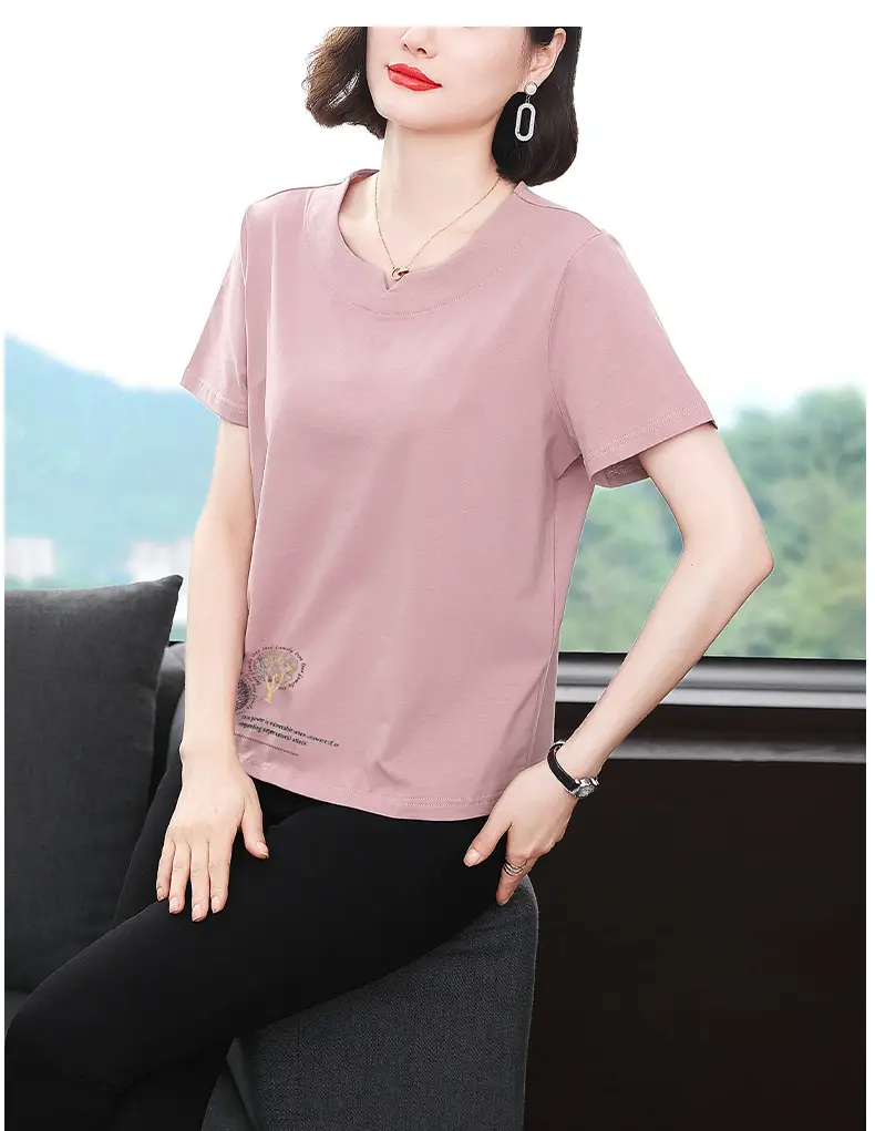 Women Pink Short Sleeve T-shirt 2023 Loose Fit — feature 12