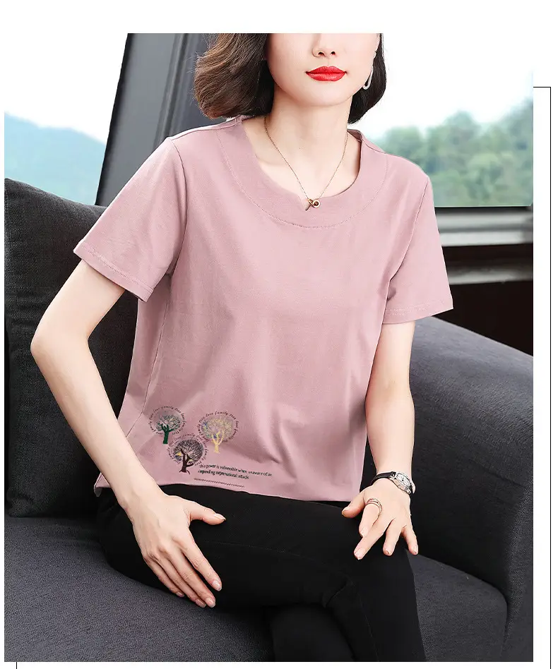 Women Pink Short Sleeve T-shirt 2023 Loose Fit — feature 13