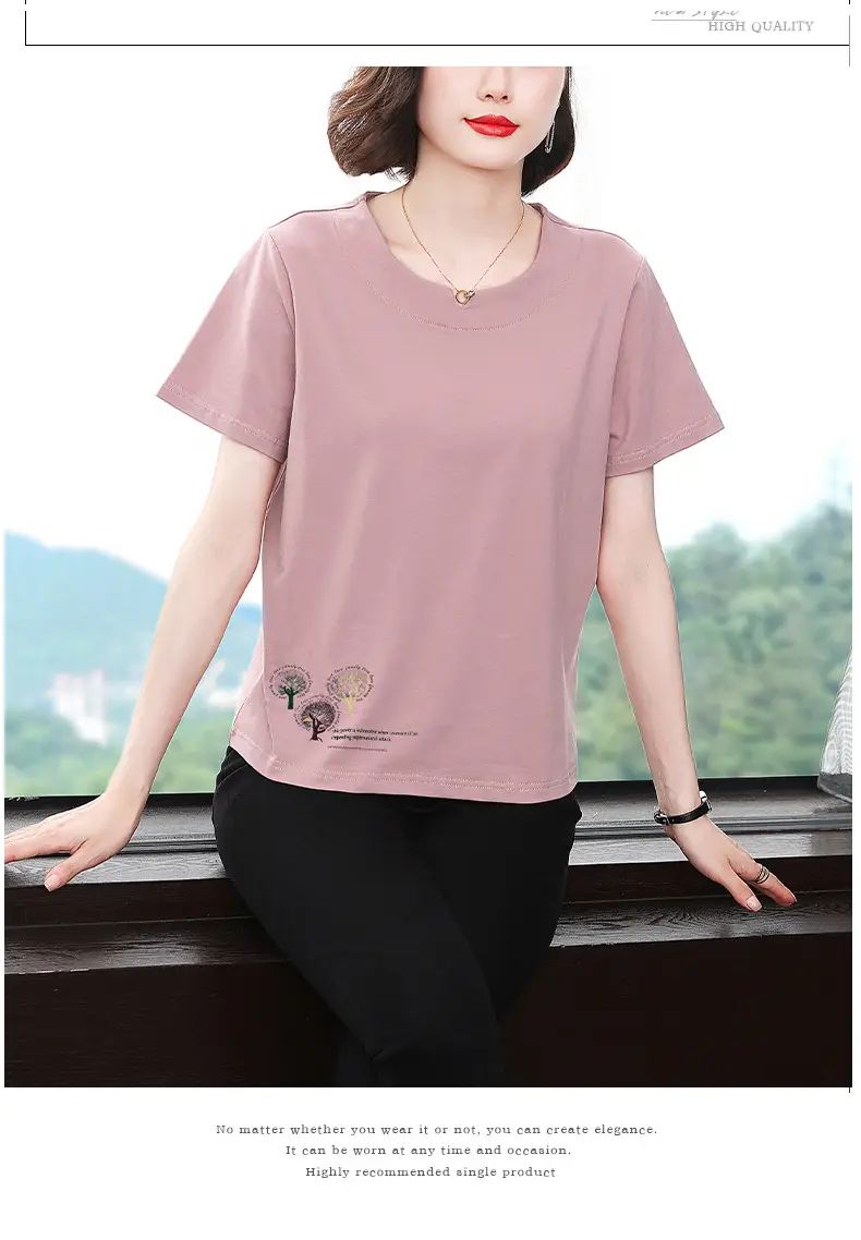 Women Pink Short Sleeve T-shirt 2023 Loose Fit — feature 14